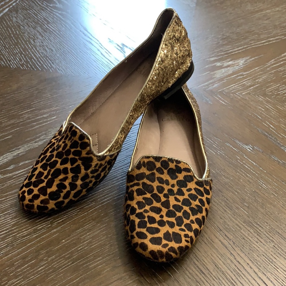 Vince Camuto mohair animal print gold glitter all leather flats Size 7